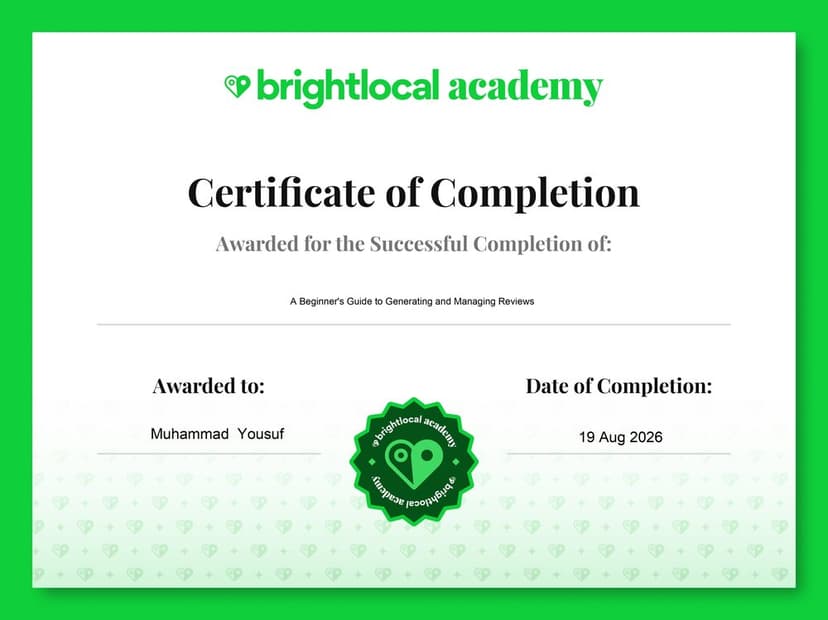 BrightLocal Academy certificate for A Beginner's Guide to Generating and Managing Reviews awarded to Muhammad Yousuf