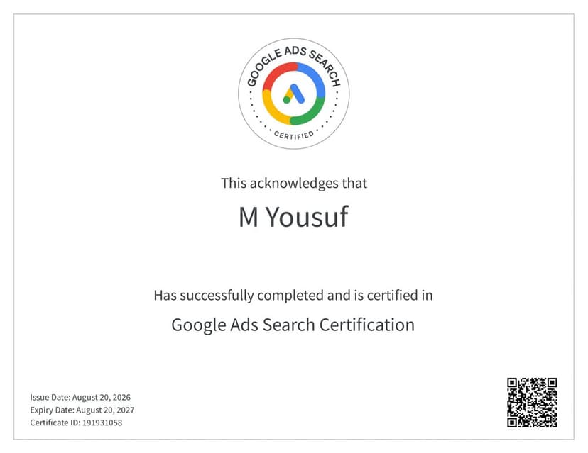 Google Ads Search Certification awarded to M Yousuf