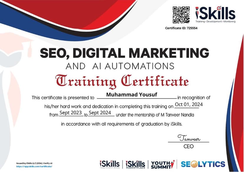 iSkills training certificate in SEO, Digital Marketing and AI Automations awarded to Muhammad Yousuf