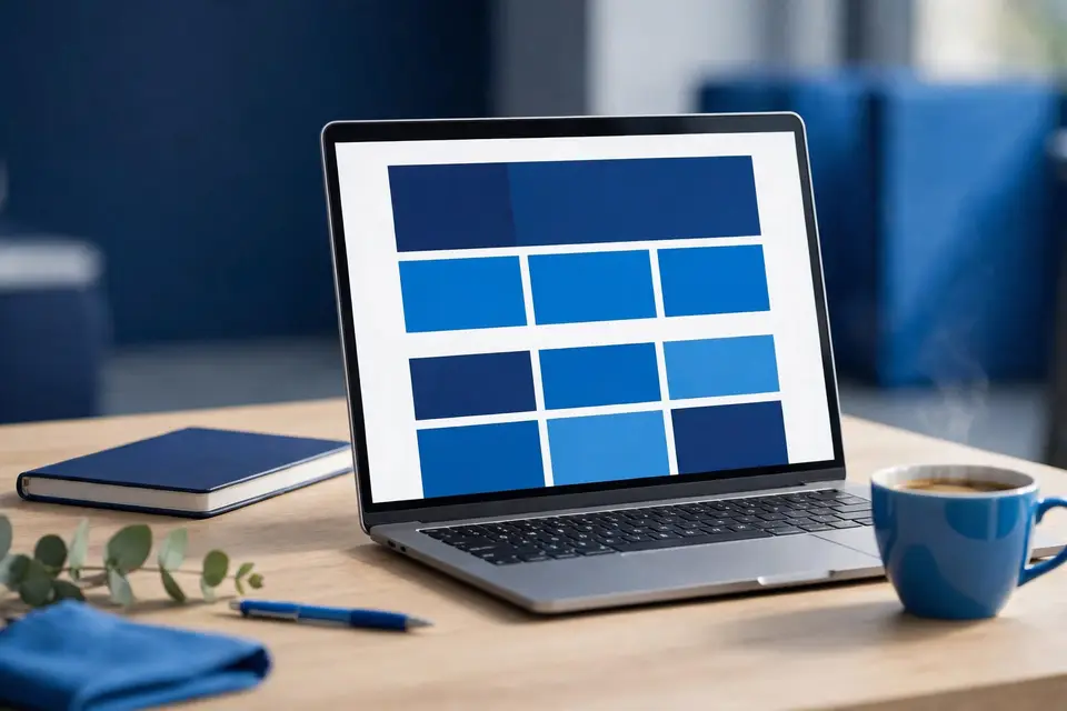 Clean desk workspace with a laptop showing an abstract website layout